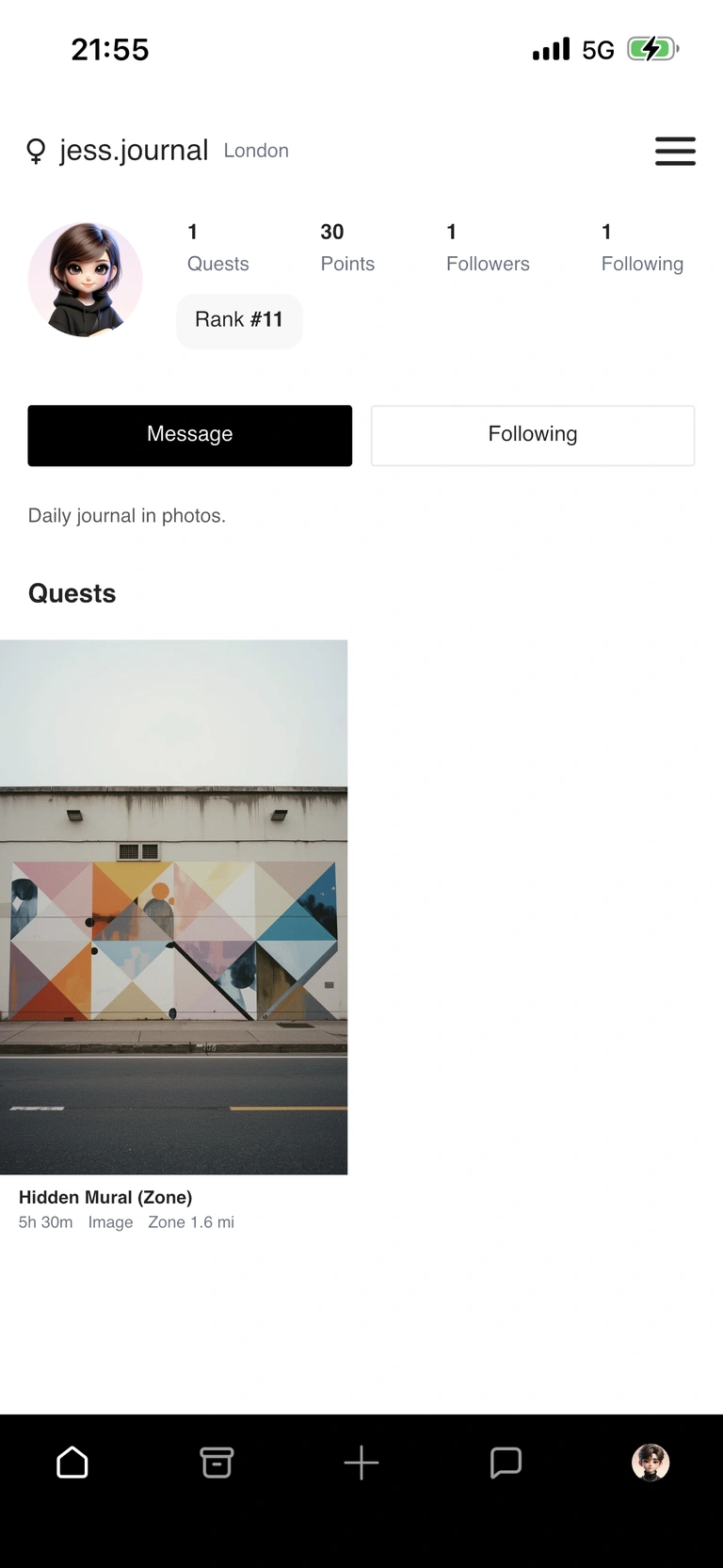 Perfil com quests, pontos, posição e botão para seguir