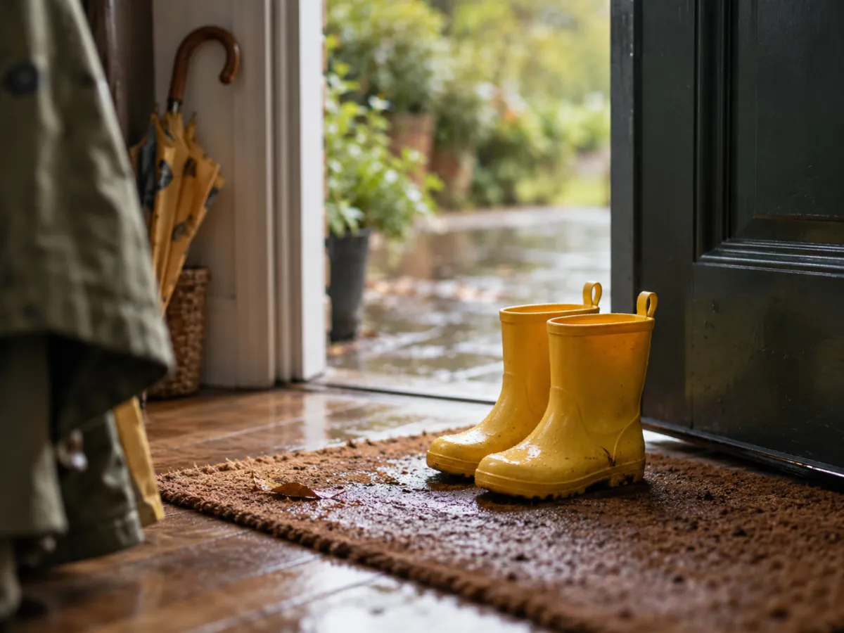 Yellow rain boots by an open doorway