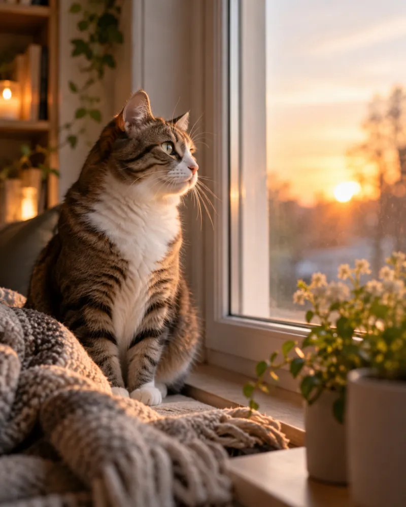 A cat watching the sunset by a window