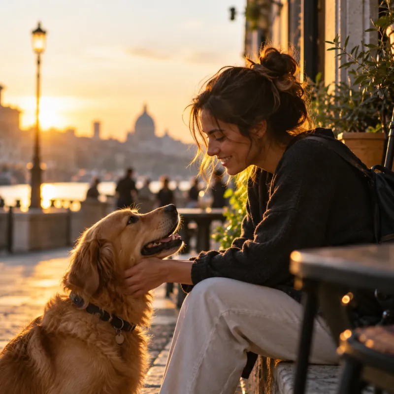 A woman with her dog in the evening sunlight