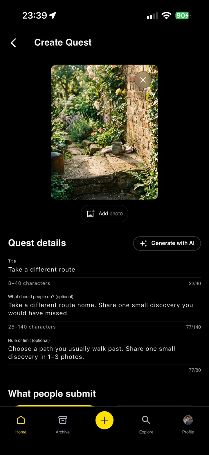 Actual Quest-ly screen for creating a new quest