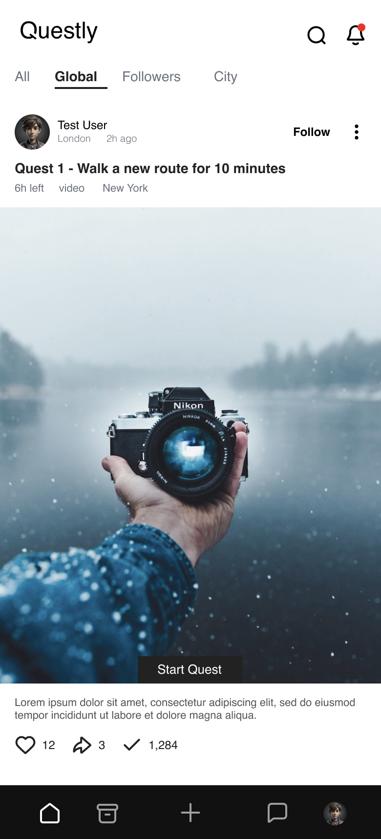 Questly — Global quest screen